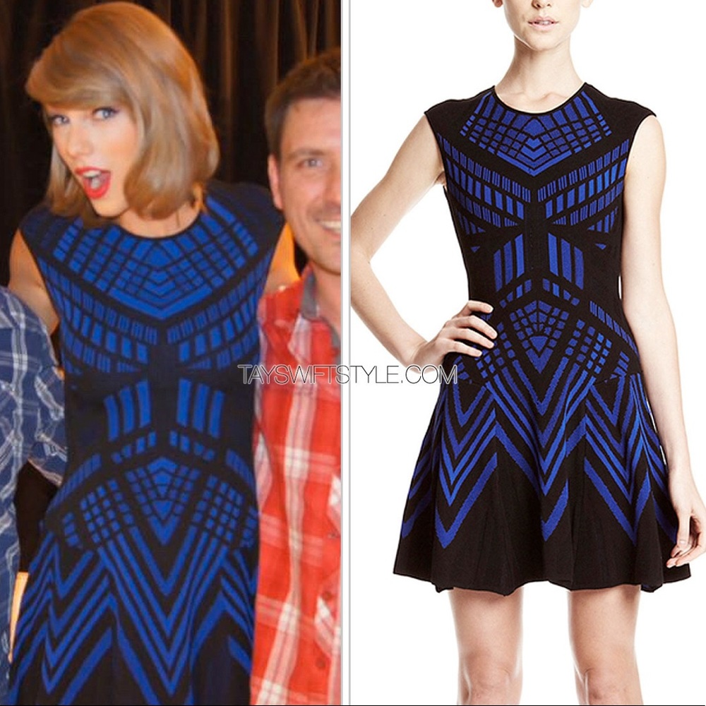 RVN Sleeveless Geometric Fit-and-Flare Dress, Blue/Black sz L